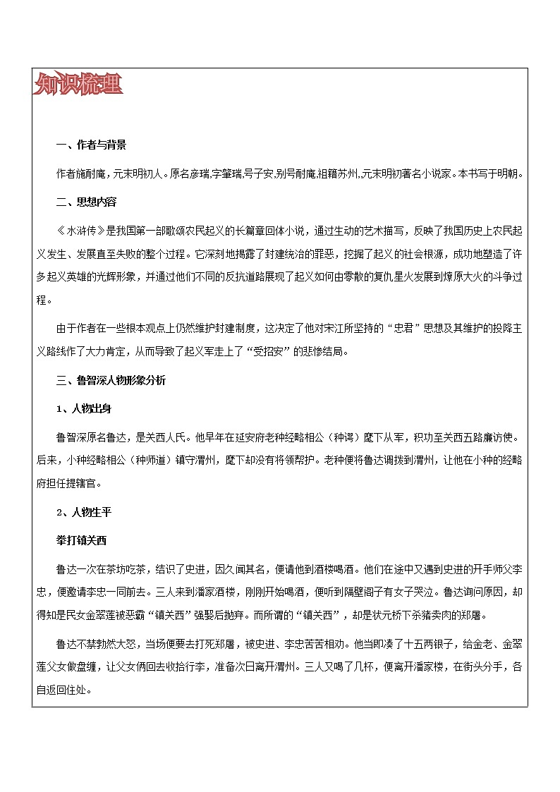 【机构专用】《水浒传》之鲁智深 讲义—八年级升九年级语文暑假辅导02