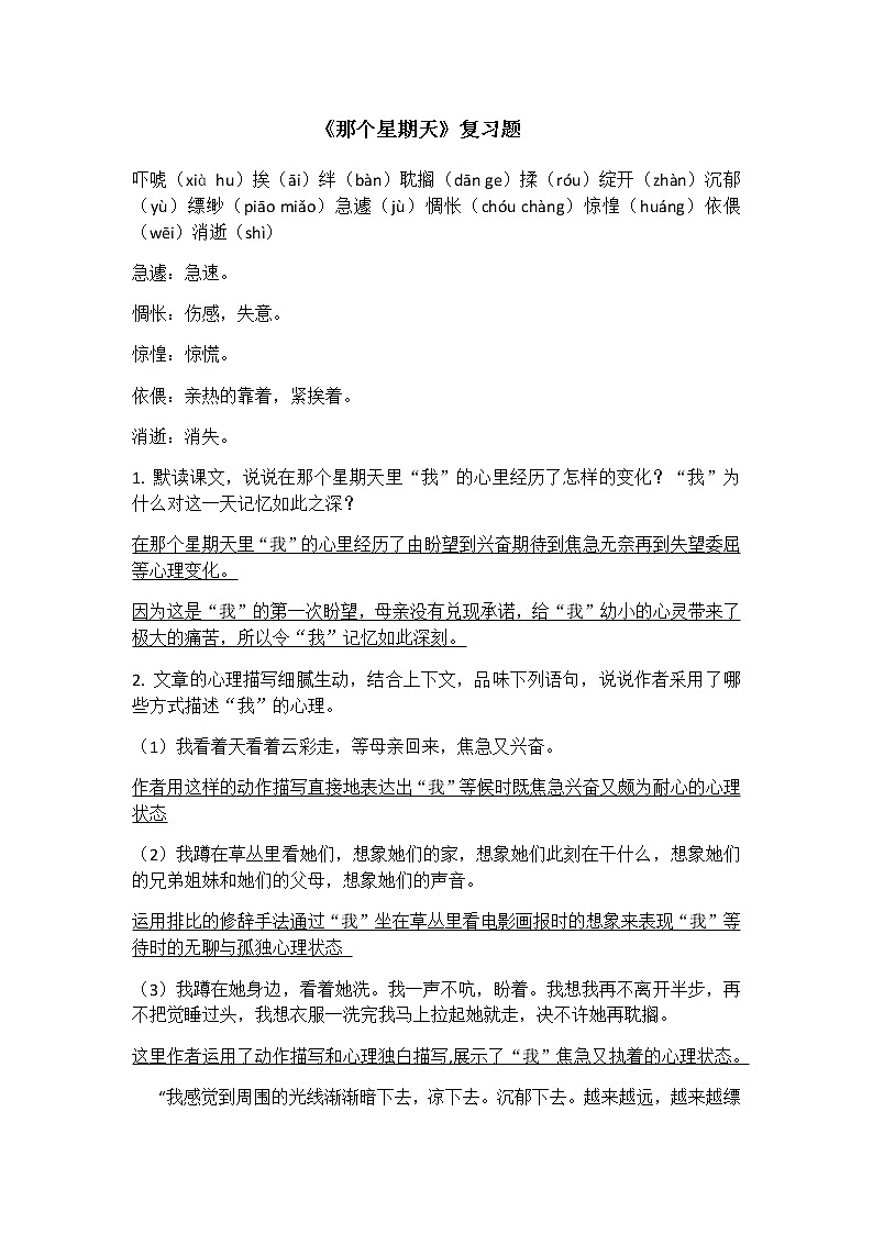 《那个星期天》期末专题复习01