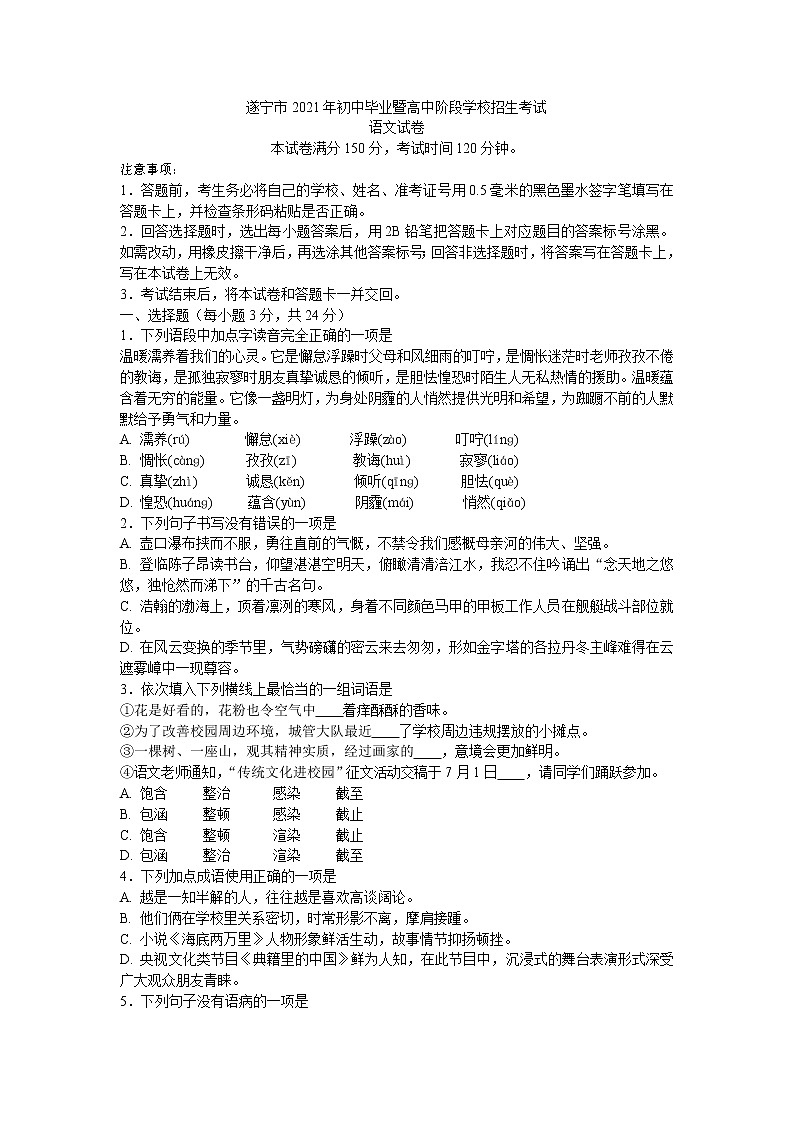 2021年四川省遂宁市中考语文真题卷及答案01