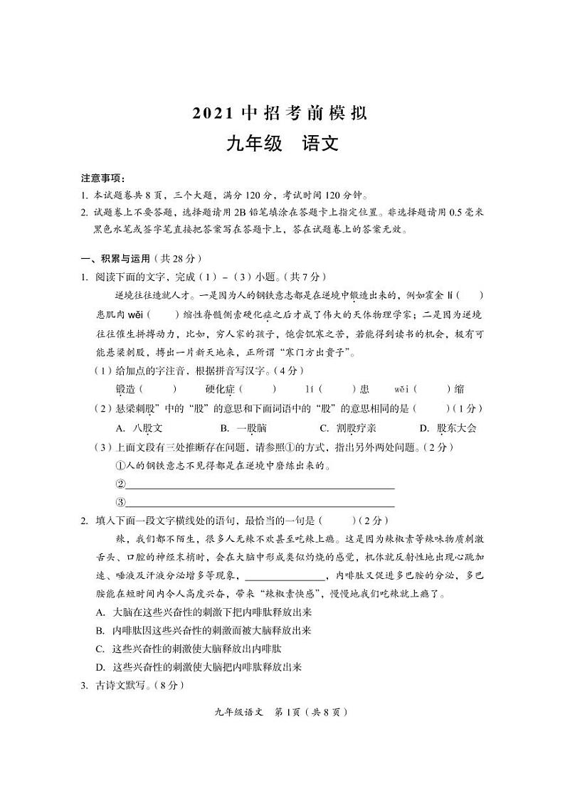 2021河南省实验中考前模拟九年级语文-试卷01