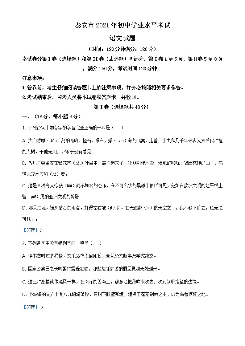2021年山东省泰安市中考语文试题01