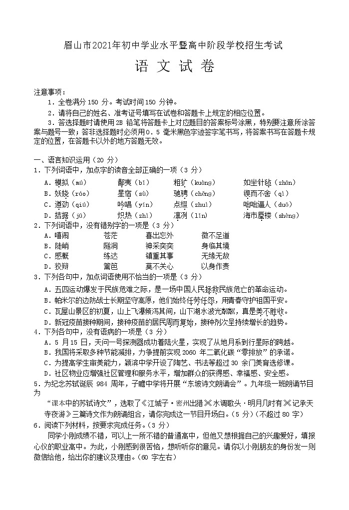 2021年四川省眉山市中考语文真题（WORD版，含答案）01