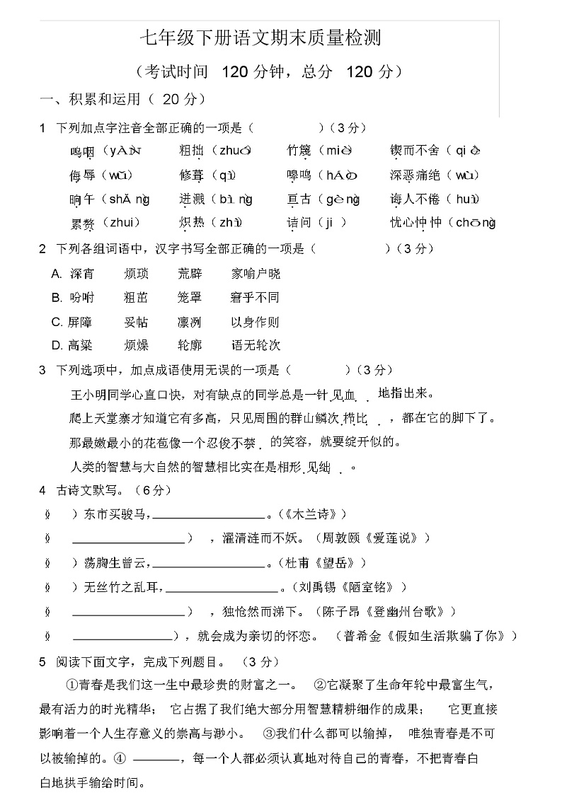 初中语文七年级下册期末测试题(含答案)01