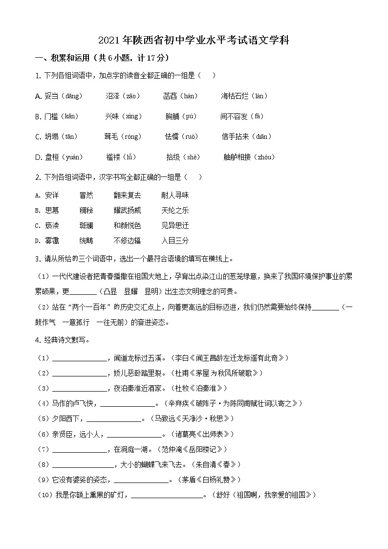 2021年陕西省中考语文试题（原版卷+解析卷）01