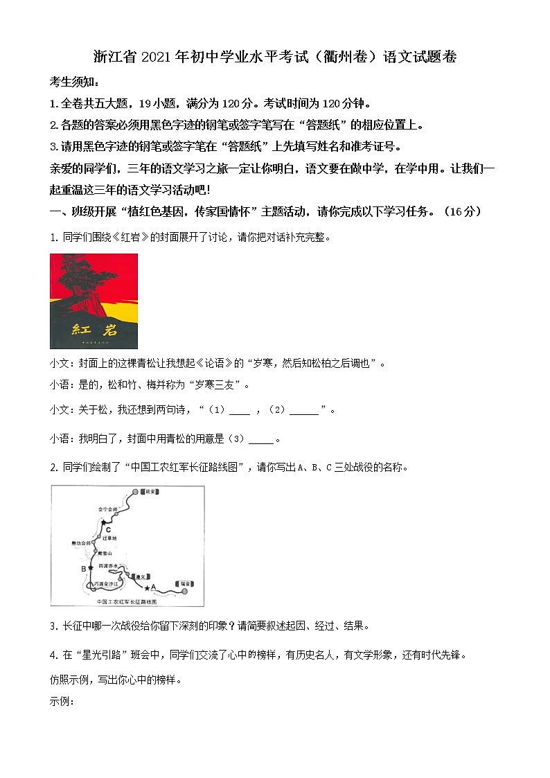 浙江省衢州市2021年中考语文试题（原版卷+解析卷）01