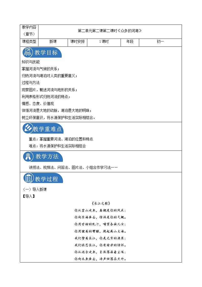 2.2.3 自然环境——众多的河湖 同步教案 初中历史与社会人教版七年级上册（2021年）01