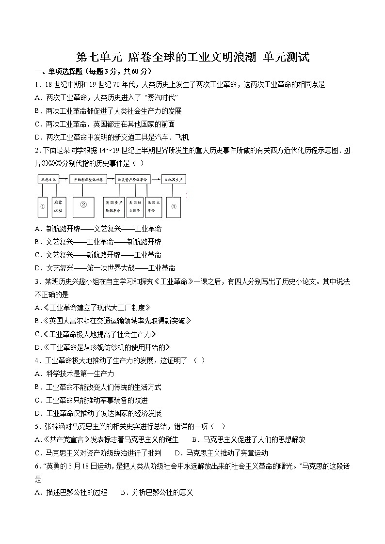 第七单元 席卷全球的工业文明浪潮 单元测试 初中历史与社会人教版八年级下册（2022年）第1页