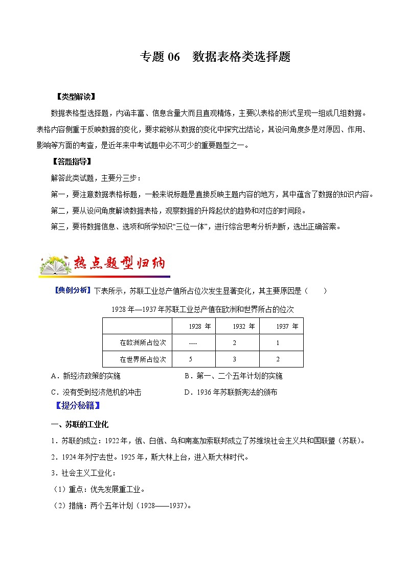 2022年中考历史选择题题型专练06  数据表格类（含答案）01