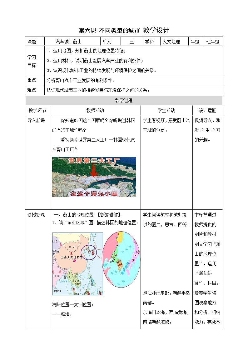人文地理七年级上册 3.6.1 汽车城：蔚山 教案01