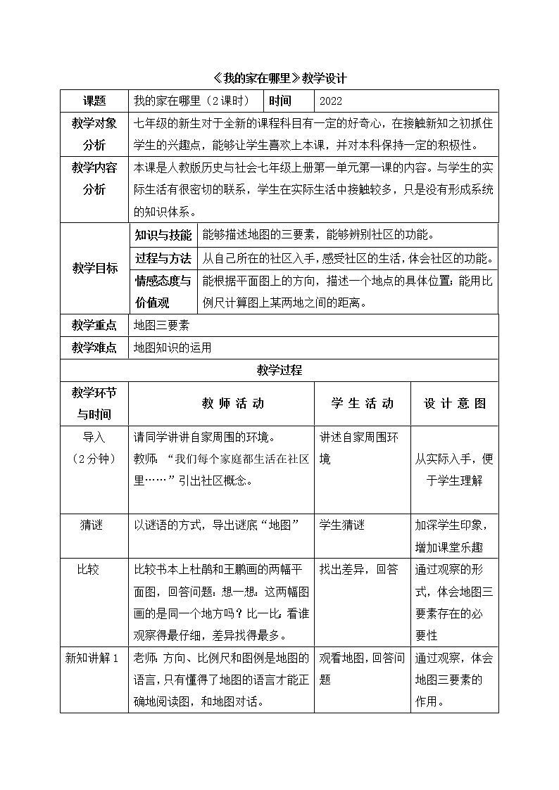 人教版（人文与地理）上册初中历史与社会第一单元第一课《我的家在哪里》教案01