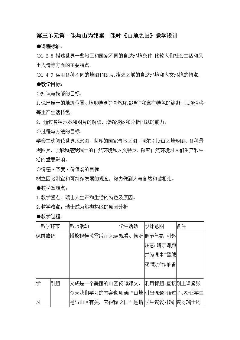 人教版（人文与地理）上册初中历史与社会第三单元第二课与山为邻第二课时《山地之国》教案01