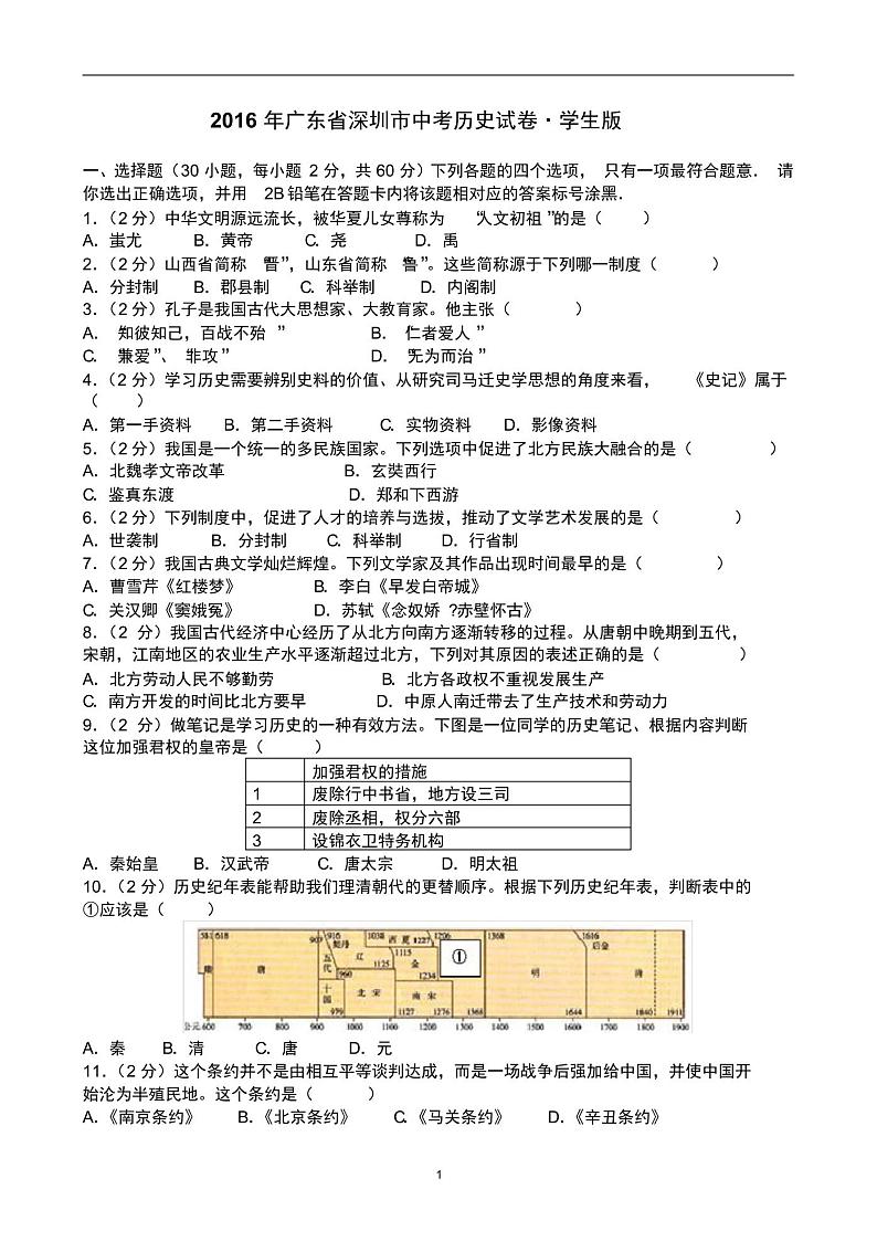 2016年深圳中考历史试卷(含答案解析)01