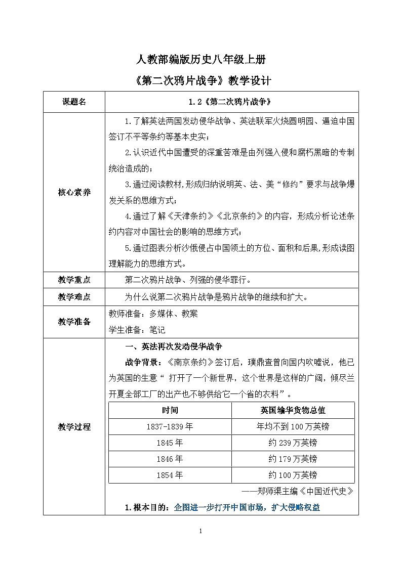 1.2《第二次鸦片战争》教学设计第1页