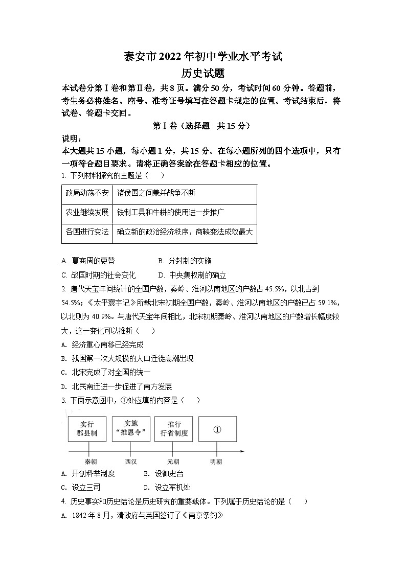 2022年山东省泰安市中考历史真题+答案01