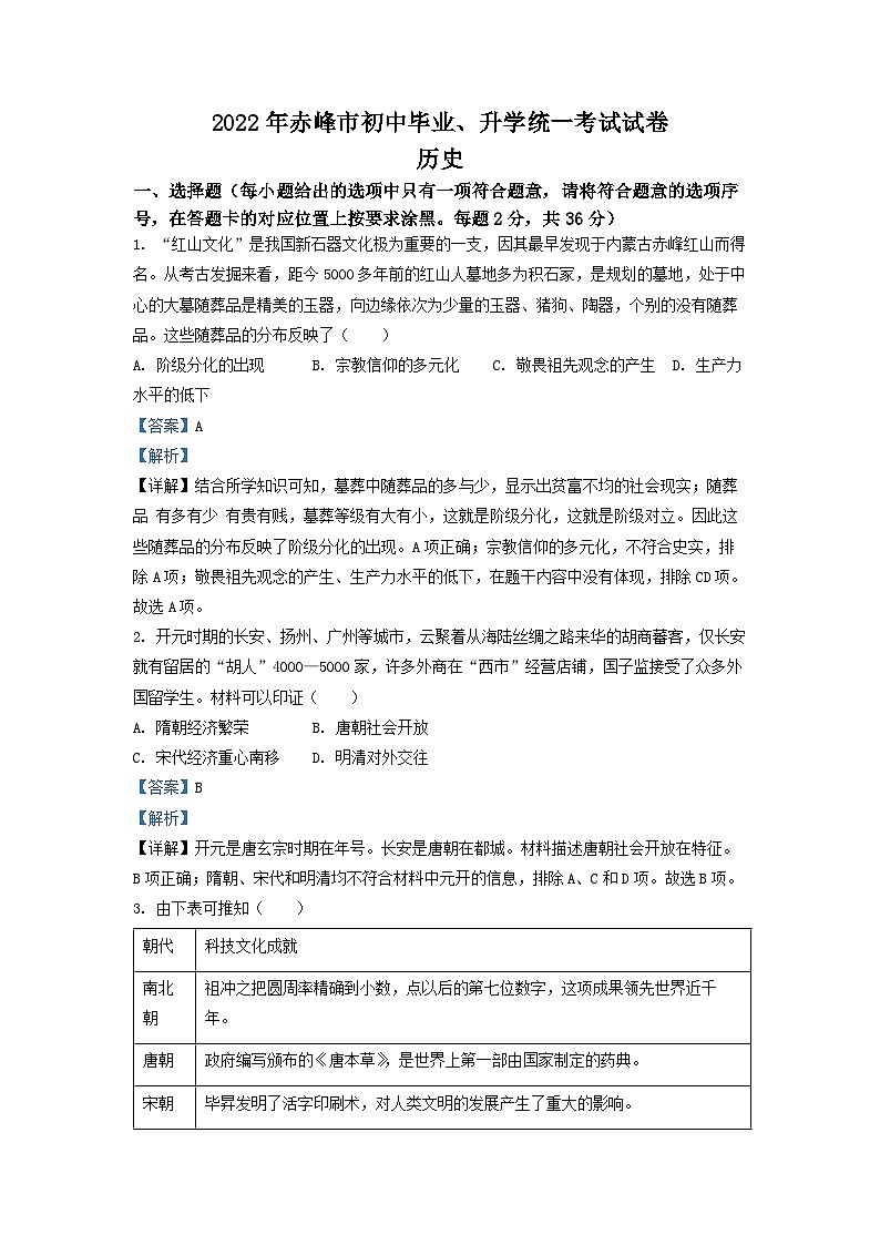 2022年内蒙古赤峰市中考历史真题（解析版）第1页