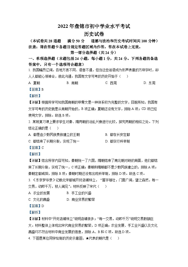 2022年辽宁省盘锦市中考历史真题（解析版）01