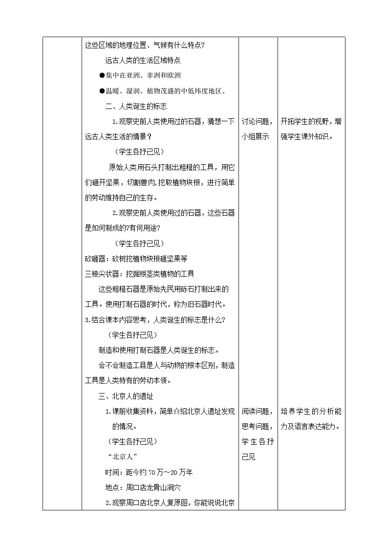人教版(新课标)七年级下册历史与社会8.1《原始先民的家园》第1课时教学设计第2页