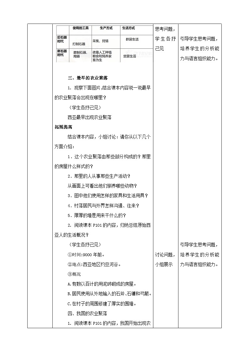 人教版(新课标)七年级下册历史与社会8.1《原始先民的家园》第2课时教学设计03