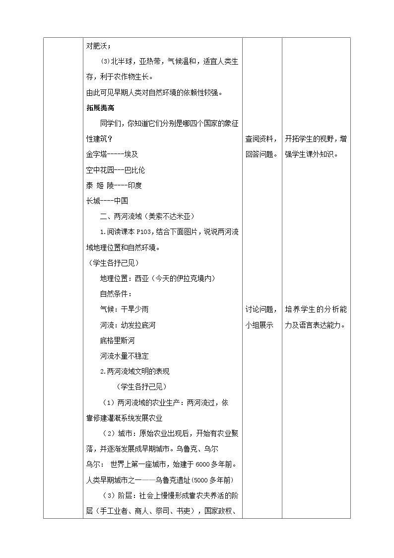 人教版(新课标)七年级下册历史与社会8.2《早期文明区域》第1课时教学设计02