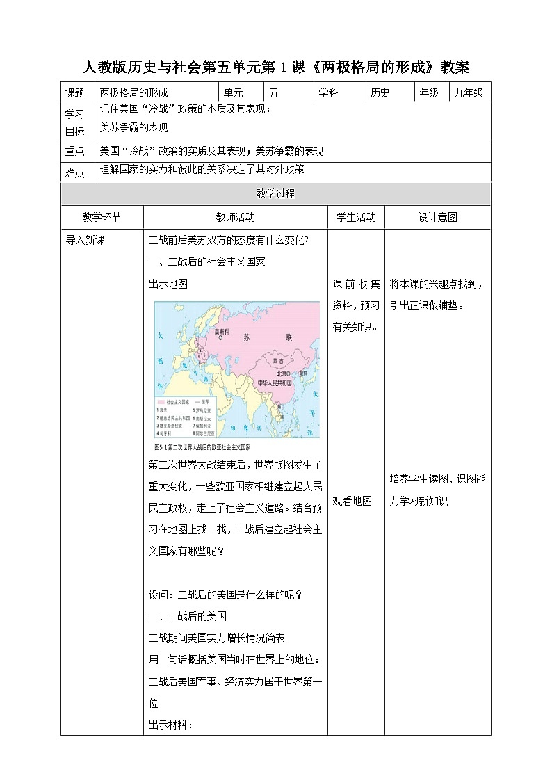人教版(新课标)历史与社会九下5.1两极格局的形成教案01