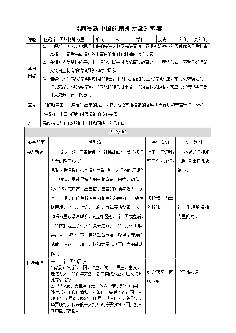 人教版(新课标)历史与社会九下综合探究六： 感受新中国的精神力量教案01