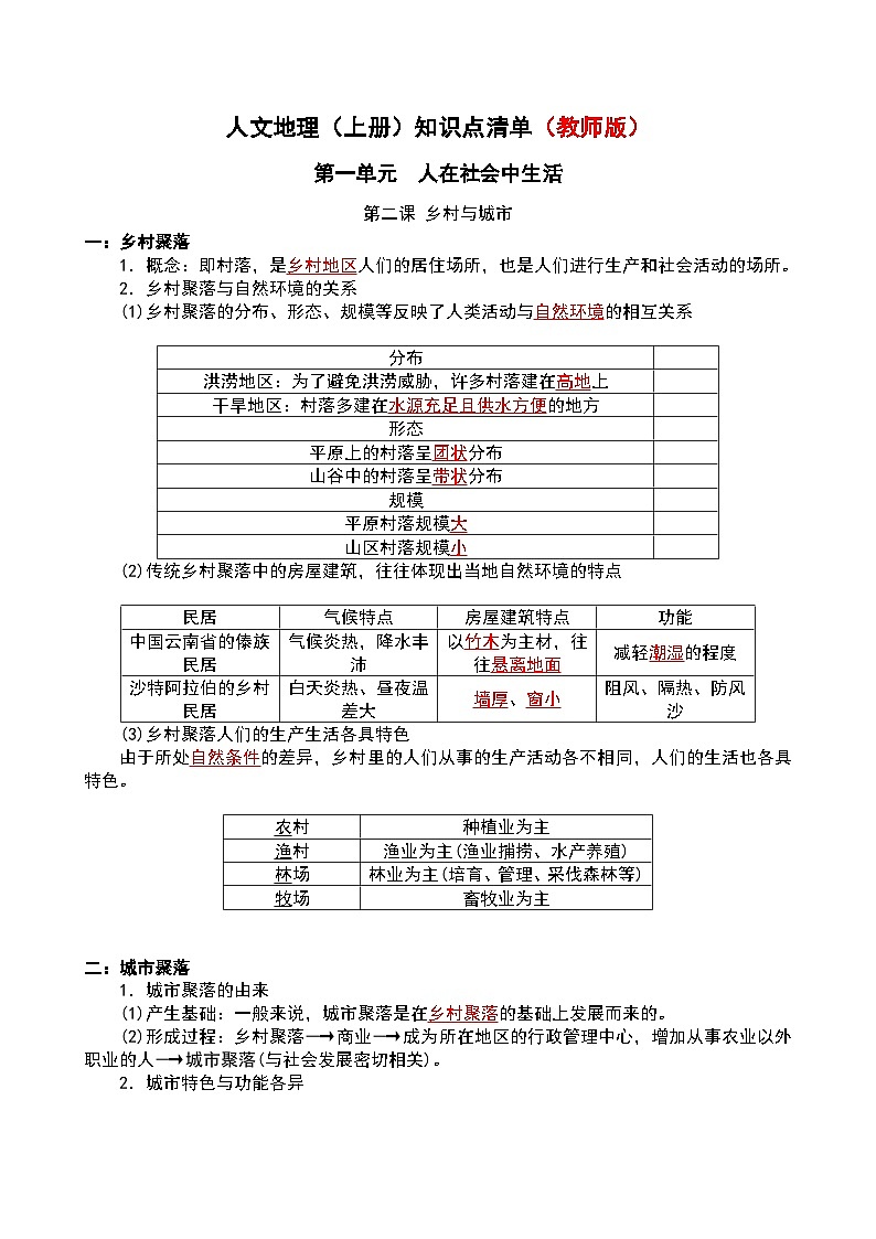初中历史与社会 人文地理(上册) 第1单元 第2课 乡村与城市 知识点清单-学案（教师版+学生版）01
