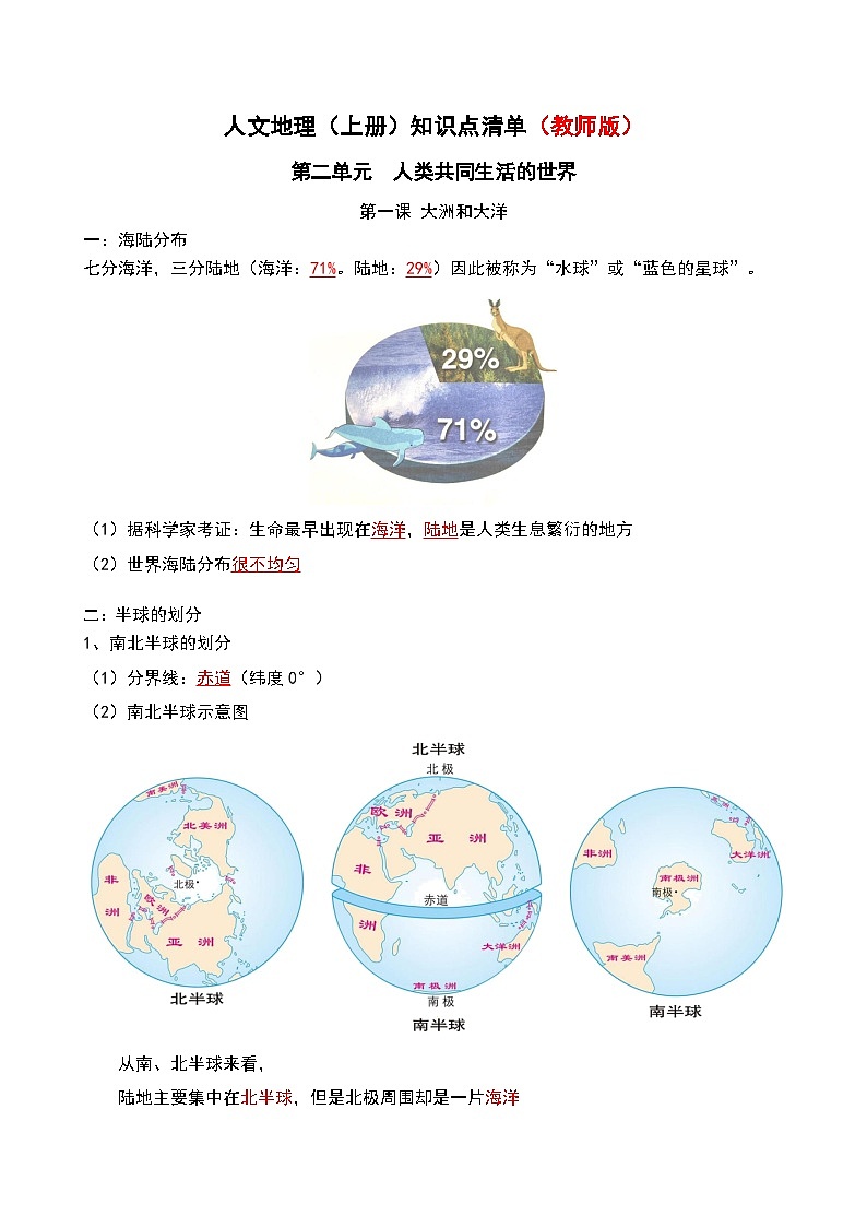 初中历史与社会 人文地理(上册) 第2单元 第1课 大洲和大洋 知识点清单-学案（教师版）第1页