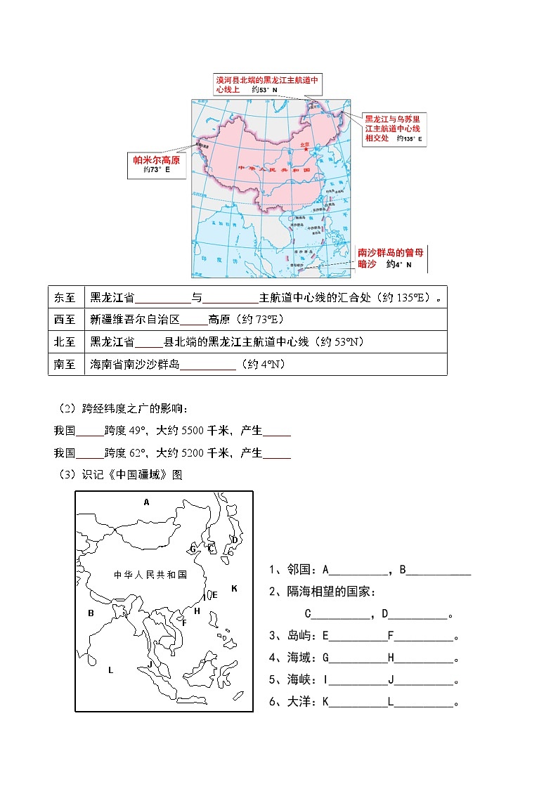 人文地理(下册) 第4单元 第1课 国土与人民 知识点清单（学生版）第2页