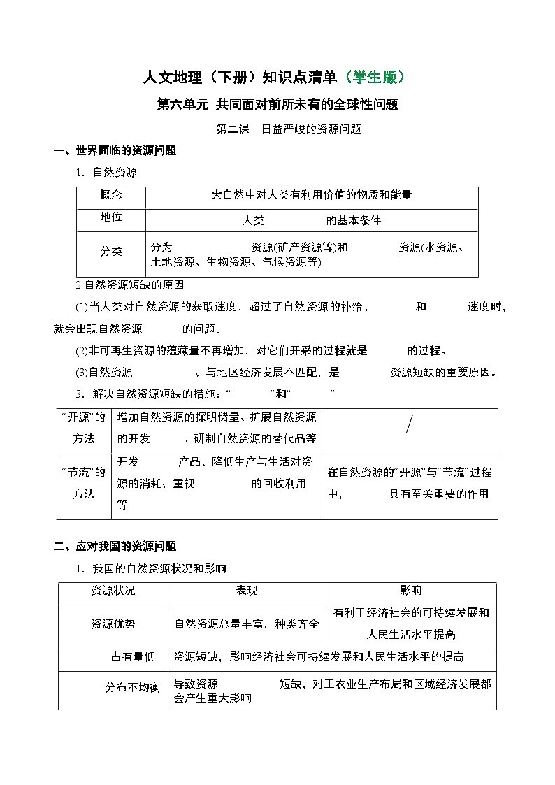 人文地理(下册) 第6单元 第2课 日益严峻的资源问题 知识点清单（教师版+学生版）01