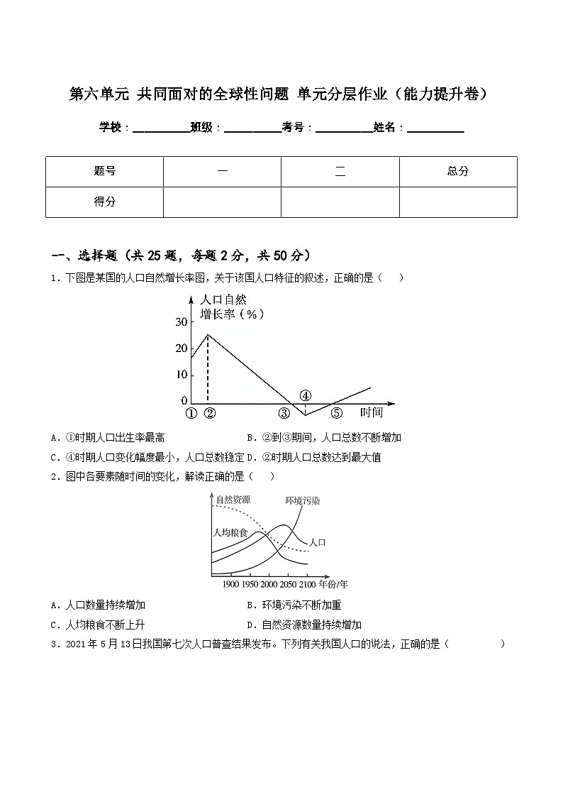 第六单元 共同面对的全球性问题 单元分层作业（基础过关卷+能力提升卷）+单元知识清单01