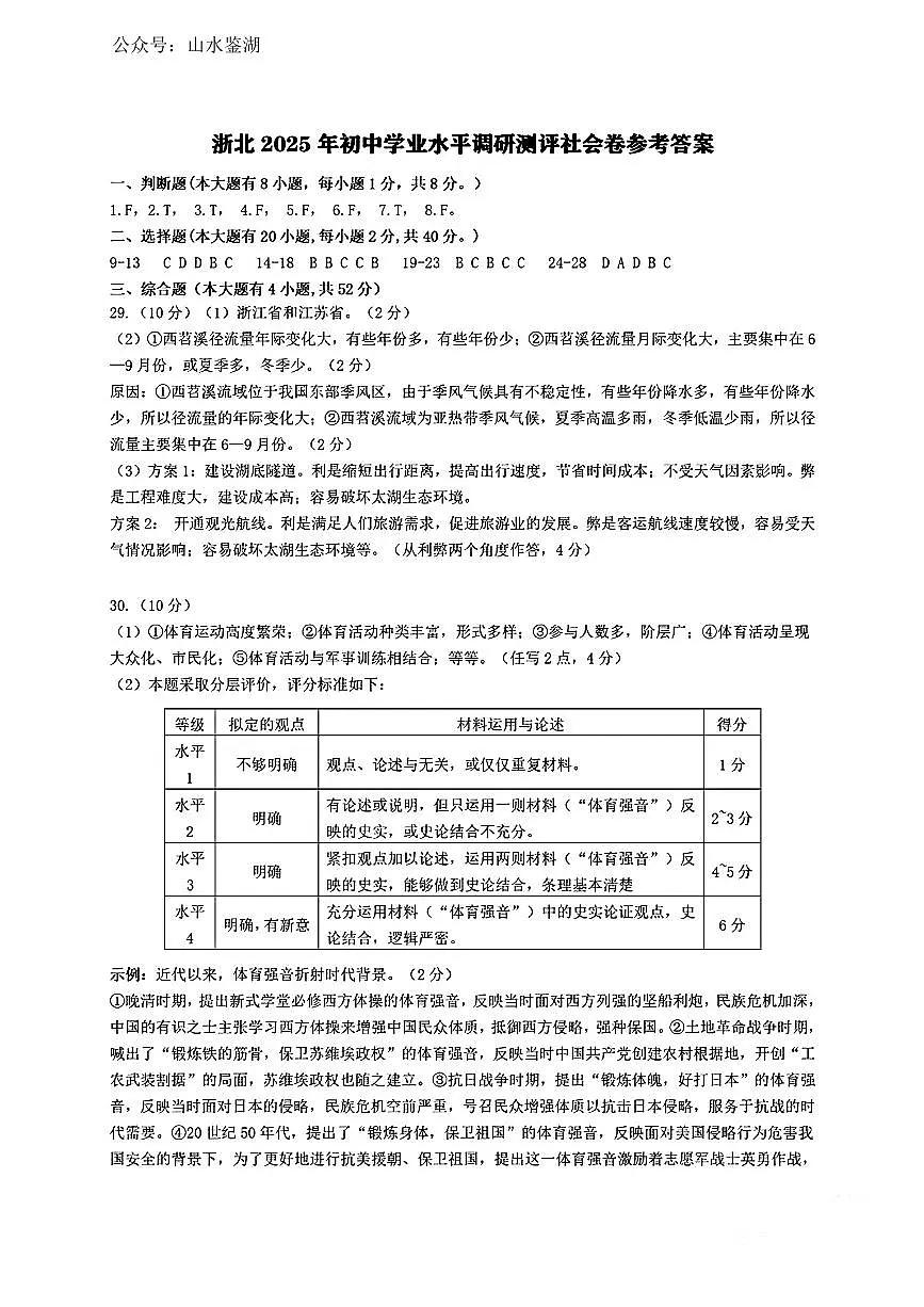 2025湖州一模卷答案第1页