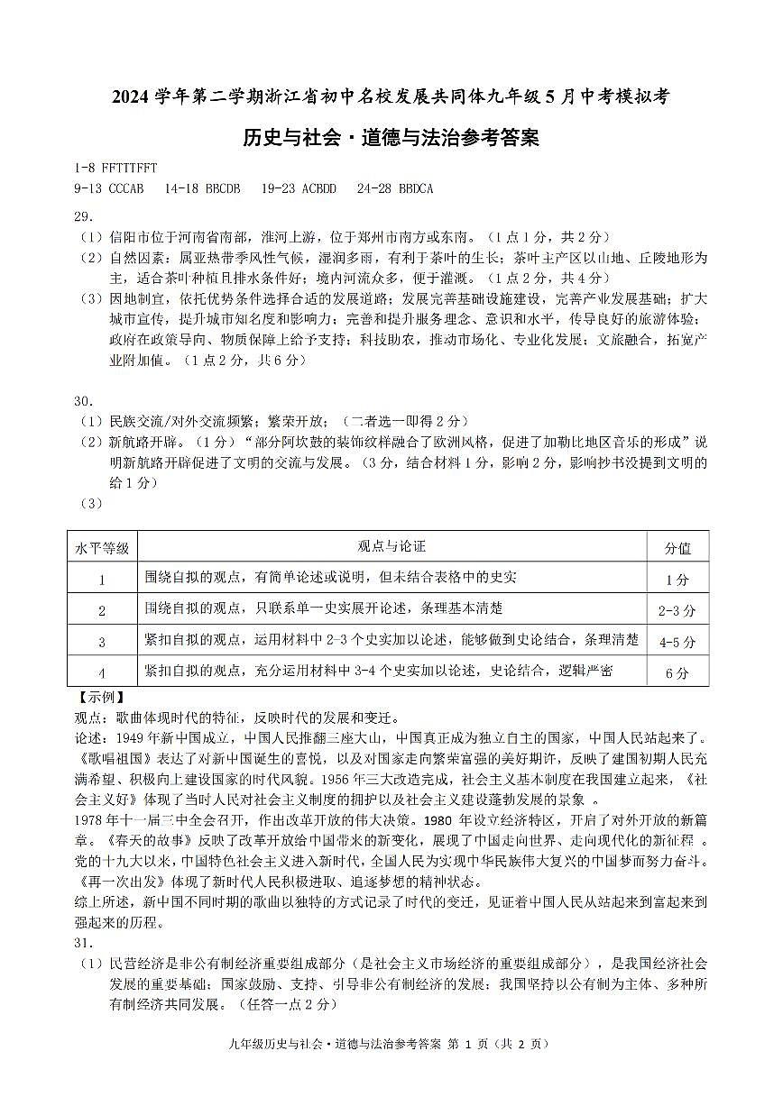 👌2025年5月浙江省初中名校发展共同体九年级中考模拟考 【社会】试卷答案第1页