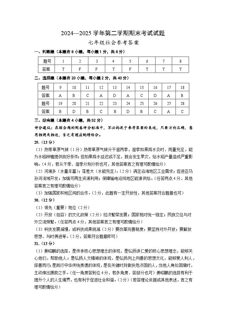 2024--2025学年诸暨七年级第二学期期末考试试题社会法治试卷参考答案202506第1页