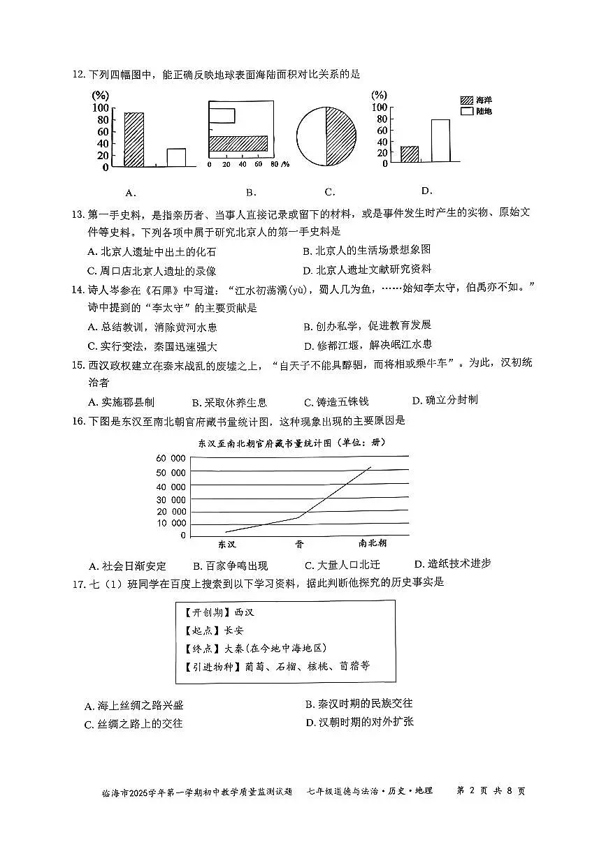 2026.1台州市临海七上期末社会试卷（不含答案）第2页