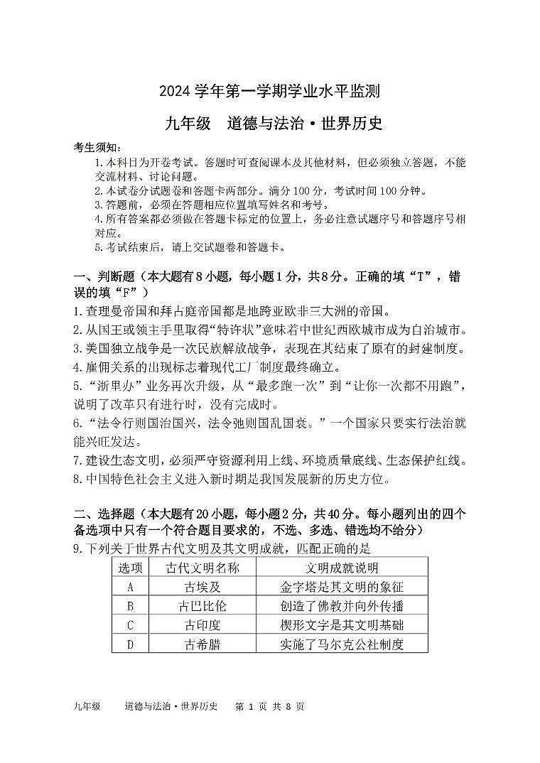 2501杭州上城区九上期末社会试卷第1页