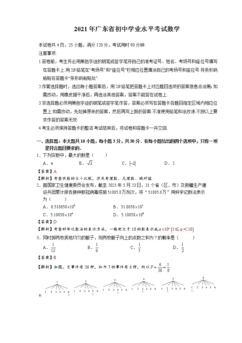 2021年广东省中考数学真题及答案（原卷+解析卷）01