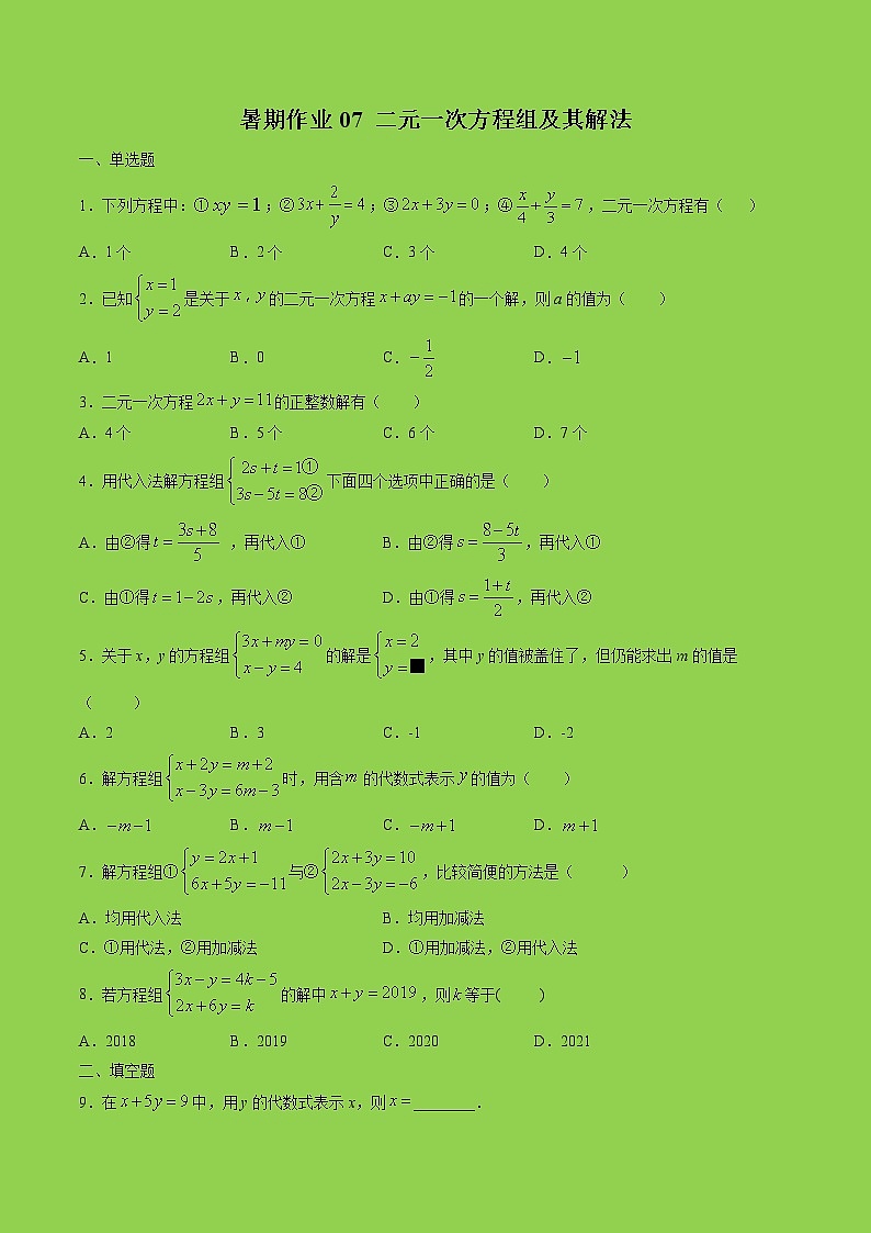 七年级数学暑假作业07 二元一次方程组及其解法（含解析） 练习01