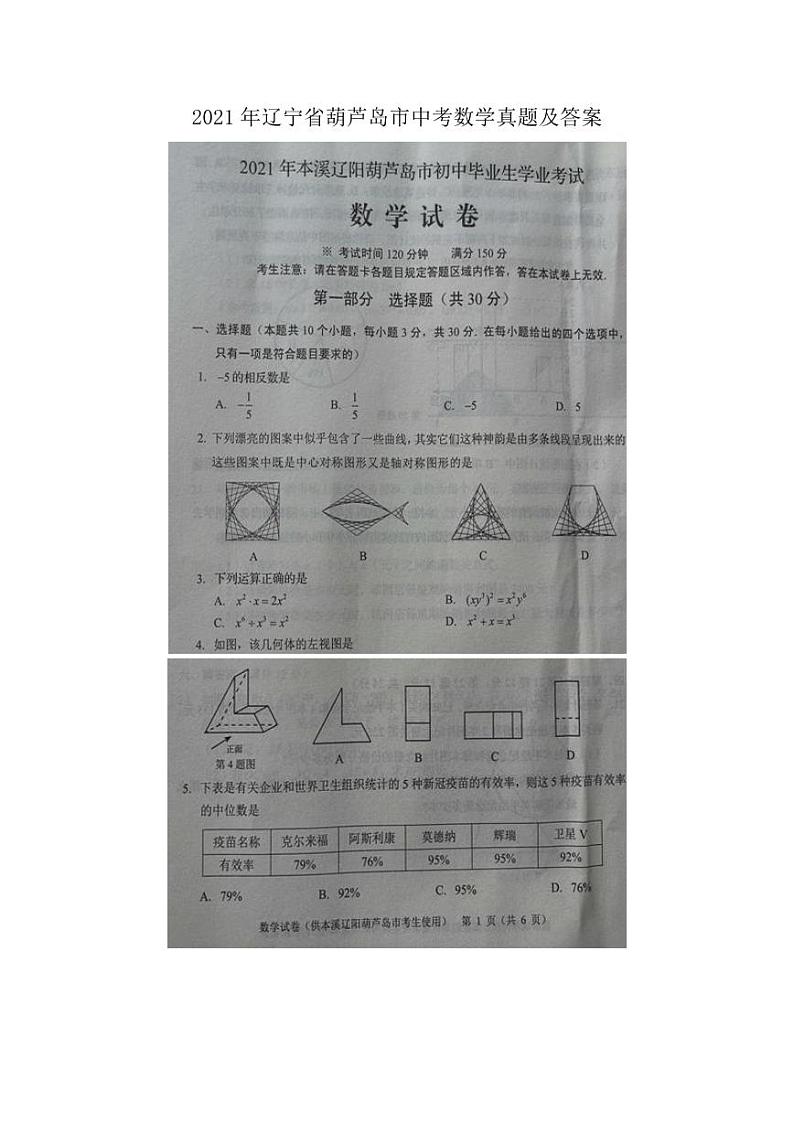 2021年辽宁省葫芦岛市中考数学真题解析版01