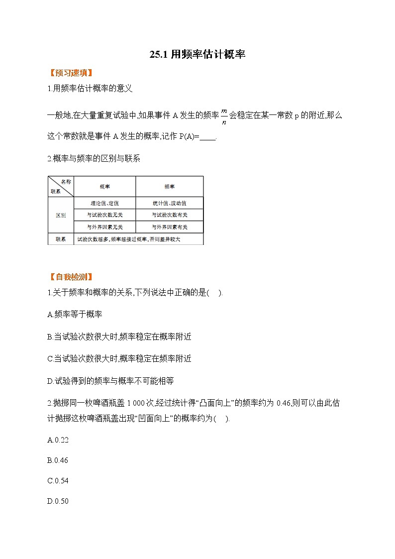 25.3 用频率估计概率-基础检测-2021-2022学年人教版九年级数学上册01