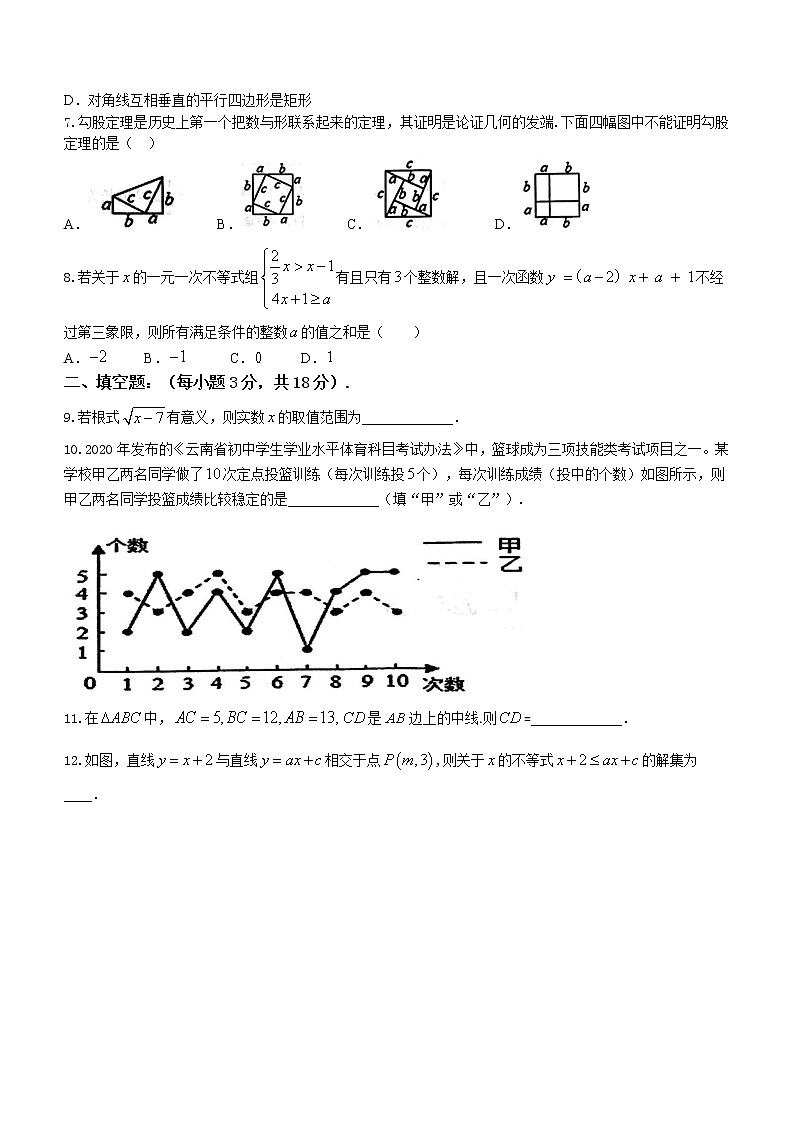 云南省昆明市官渡区2020-2021学年八年级下学期期末数学试题(word版 无答案)第2页
