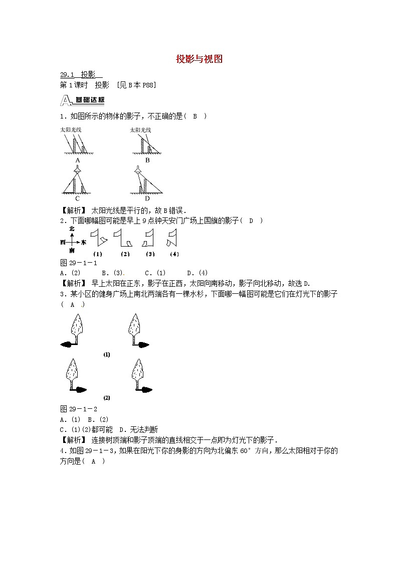 九年级数学下册 29.1 投影同步测试 （新版）新人教版第1页