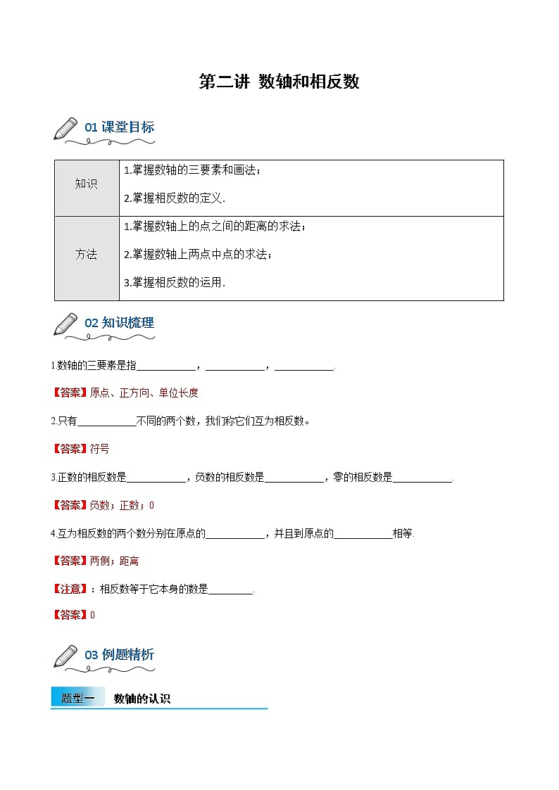 （人教版）2021年暑假小升初数学衔接教材第二讲 数轴和相反数- 试卷01