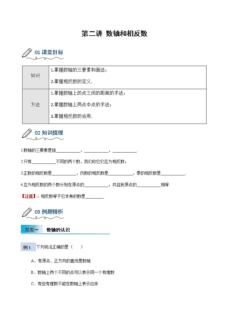 （人教版）2021年暑假小升初数学衔接教材第二讲 数轴和相反数- 试卷01