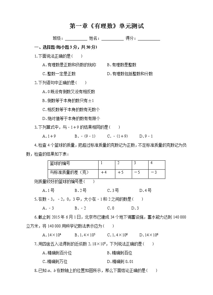 第一章 有理数单元测试卷（含解析）01