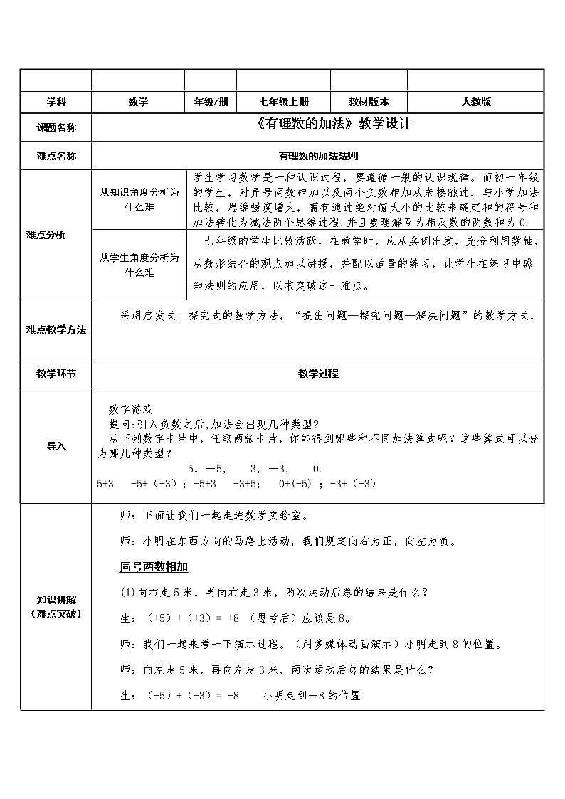 2021-2022学年上学期部编版七年级数学   有理数的加法教案第1页