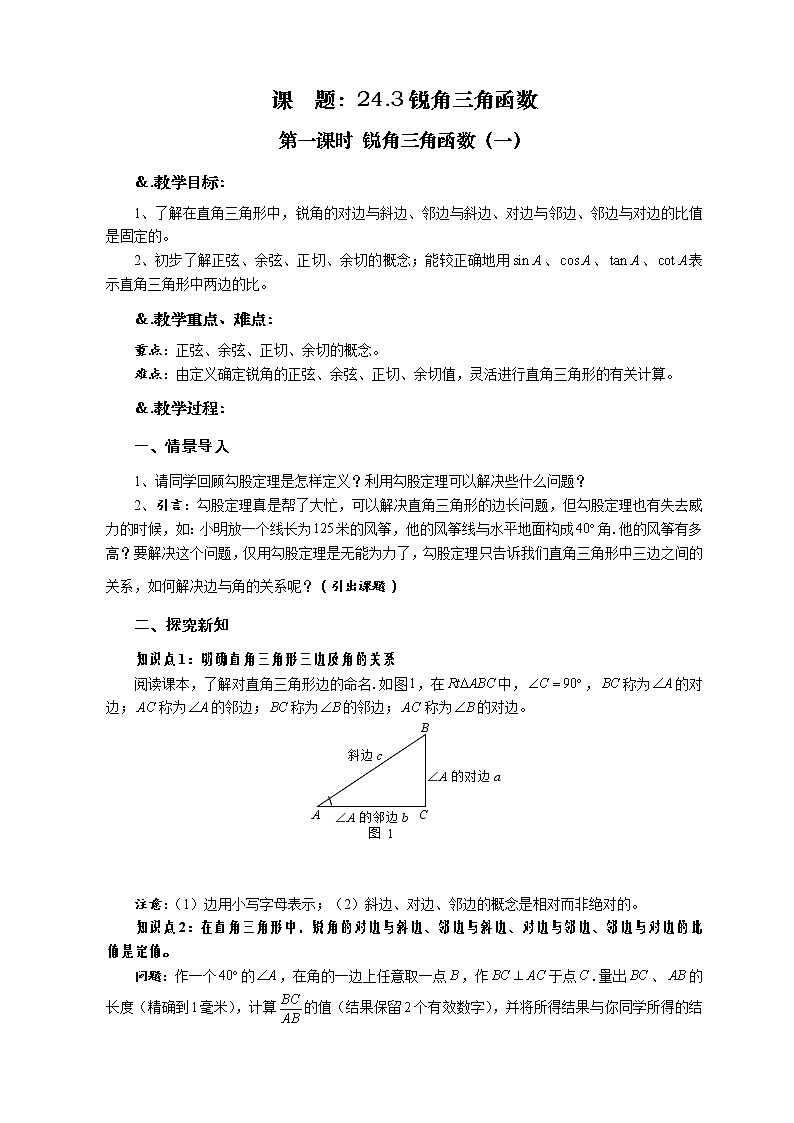 华师大版九年级数学上册教案：24.3 锐角三角函数 第一课时 锐角三角函数（一）01