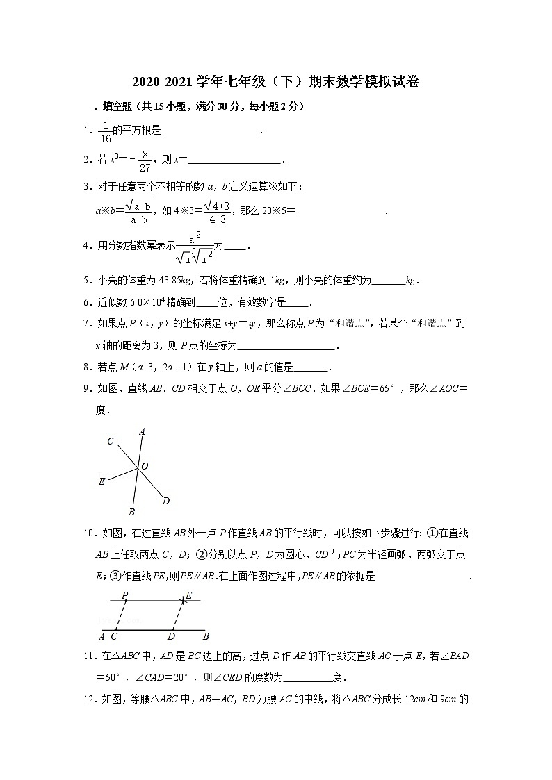 上海市静安区七年级下学期期末模拟数学试卷第1页