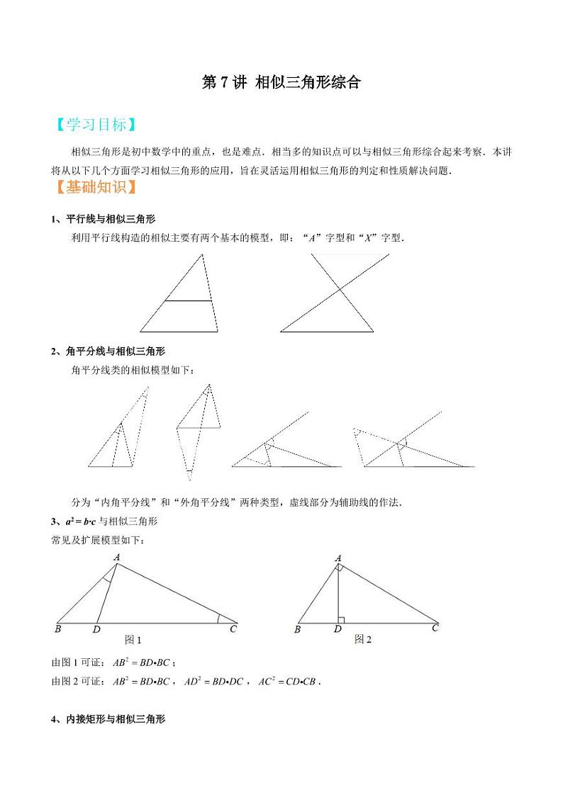 2021年上海市中考新初三暑期衔接数学讲与练 第7讲 相似三角形综合01