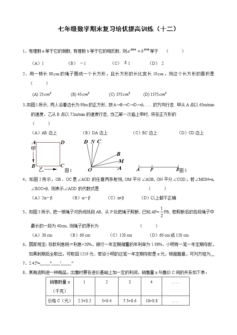 七年级数学期末复习培优提高训练(十二)及答案第1页