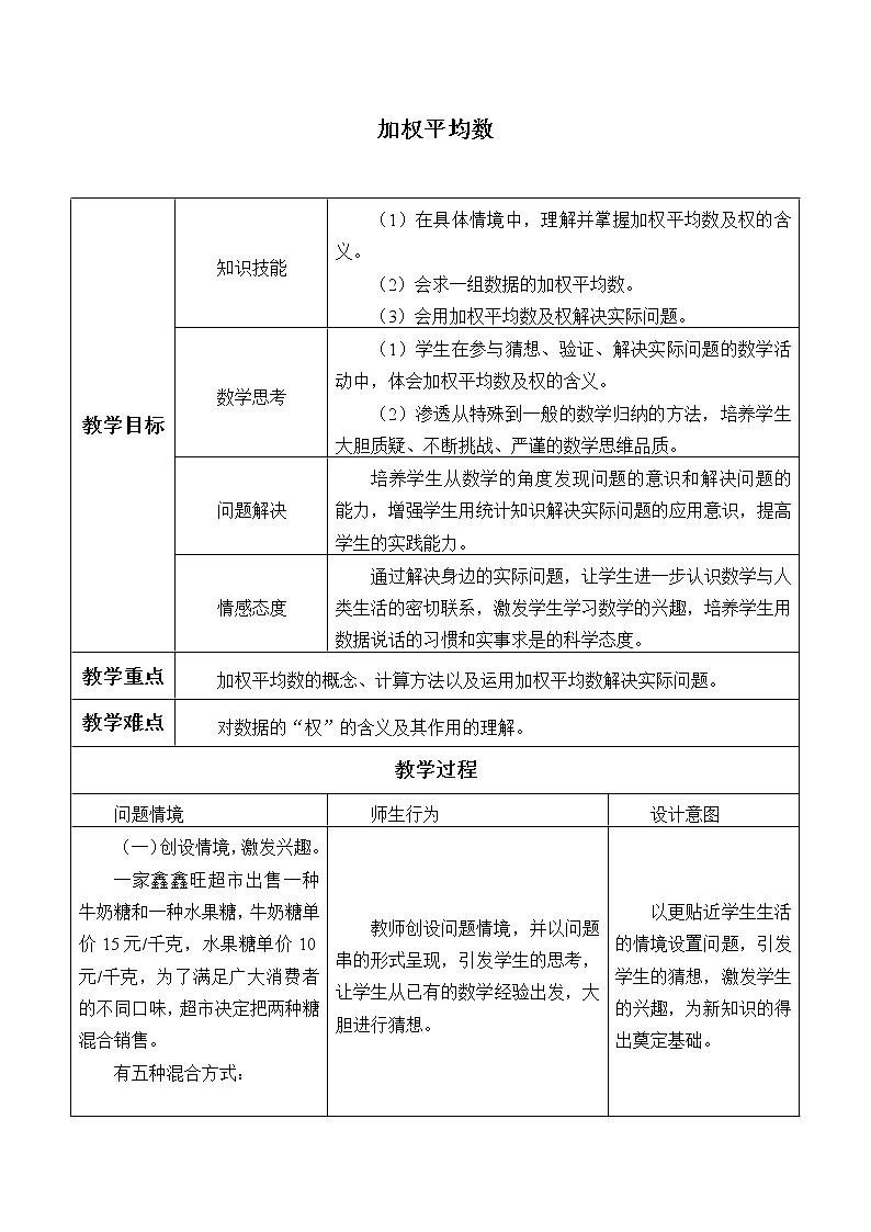 青岛版八年级上册   数据分析《加权平均数》教案01